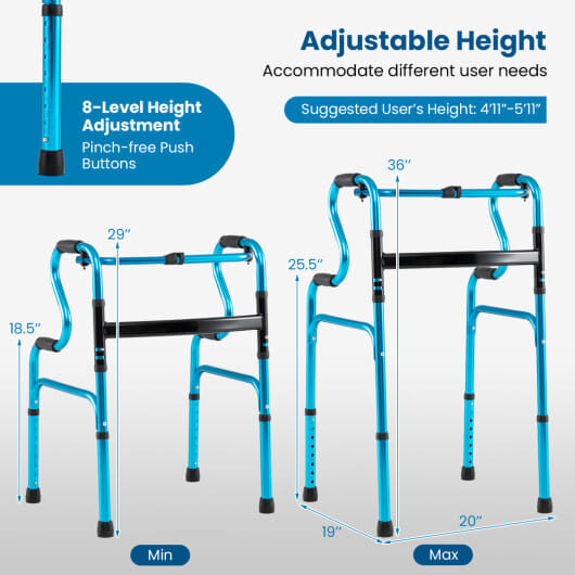 One-Button Folding Aluminum Walking Frame Walker Folding Walker for Seniors and Limited Mobility Users-Navy - Color: Navy