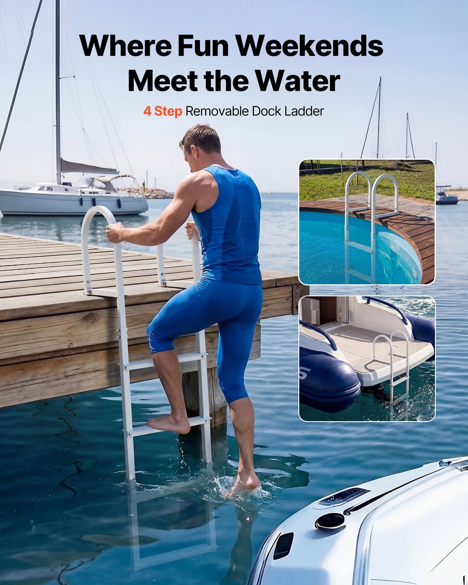 Removable Dock Ladder, 4 Steps, Aluminum Alloy Pontoon Boat Swim Ladder, with Non-Slip Wide Steps, 500 lbs Weight Capacity, Quick Release Design, for Lake Swimming, Pool, Boat, Marine Boarding