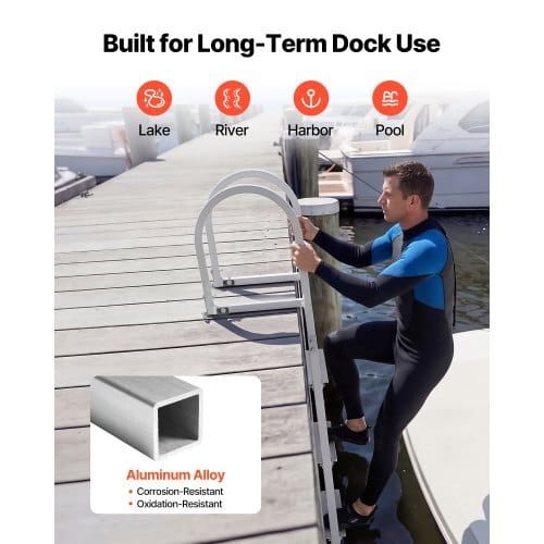 Removable Dock Ladder, 4 Steps, Aluminum Alloy Pontoon Boat Swim Ladder, with Non-Slip Wide Steps, 500 lbs Weight Capacity, Quick Release Design, for Lake Swimming, Pool, Boat, Marine Boarding
