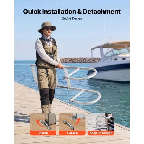 Removable Dock Ladder, 4 Steps, Aluminum Alloy Pontoon Boat Swim Ladder, with Non-Slip Wide Steps, 500 lbs Weight Capacity, Quick Release Design, for Lake Swimming, Pool, Boat, Marine Boarding