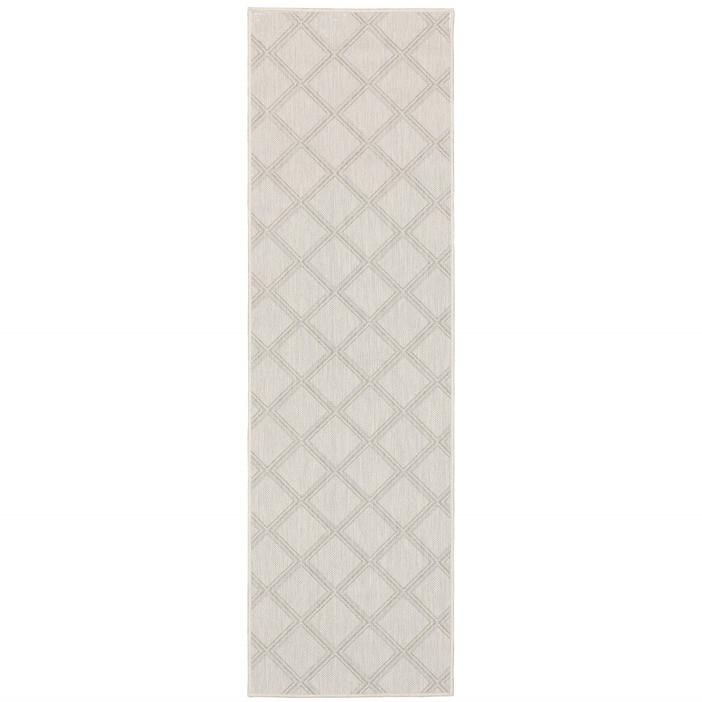2' X 7' Gray and Ivory Geometric Stain Resistant Indoor Outdoor Area Rug