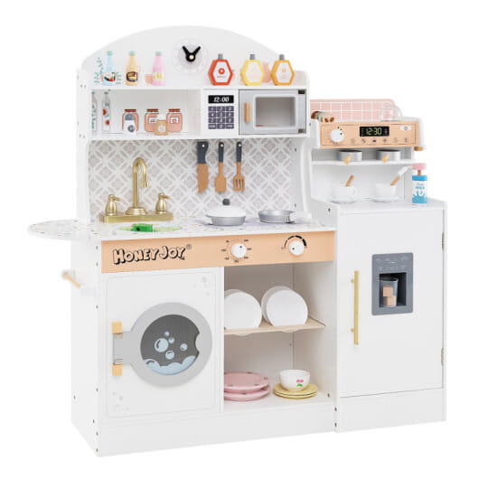 3-IN-1 Kids Furniture: Kids Table Chairs Set + Bookshelf + White Play Kitchen Sets