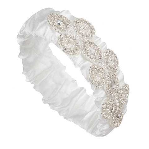David Tutera White Satin Wedding Garter With Embellished Silver Oval Designs