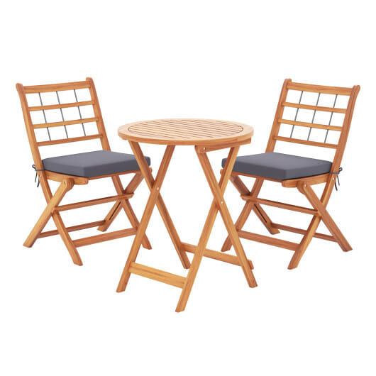 3 Pieces Acacia Wood Patio Bistro Set with Cushions-Gray - Color: Gray