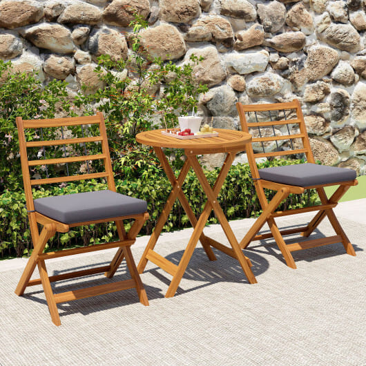 3 Pieces Acacia Wood Patio Bistro Set with Cushions-Gray - Color: Gray
