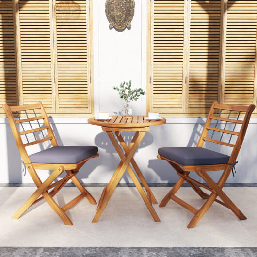 3 Pieces Acacia Wood Patio Bistro Set with Cushions-Gray - Color: Gray