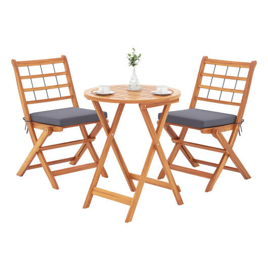 3 Pieces Acacia Wood Patio Bistro Set with Cushions-Gray - Color: Gray