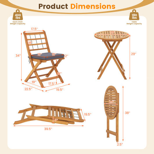 3 Pieces Acacia Wood Patio Bistro Set with Cushions-Gray - Color: Gray