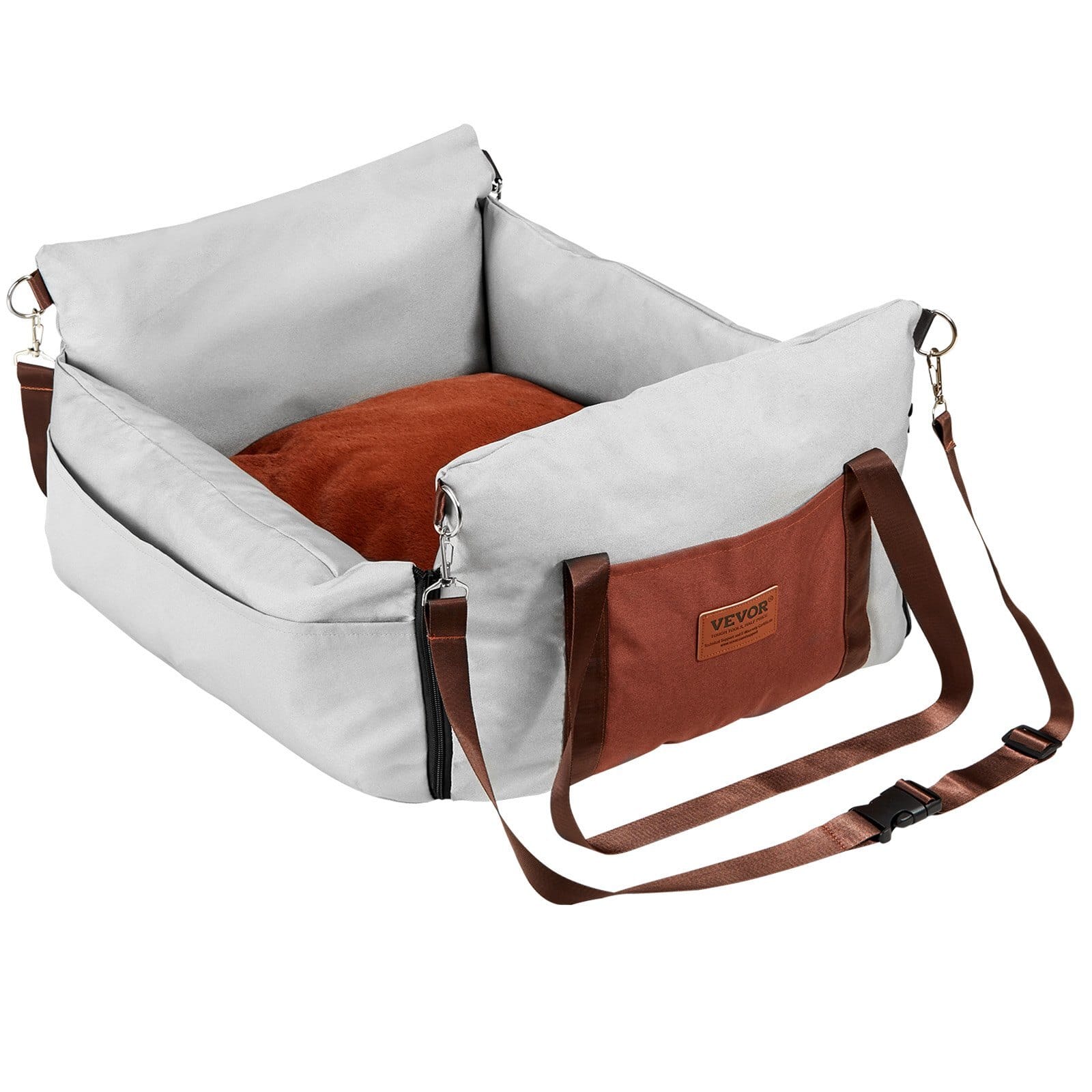 Dog Car Seat, Waterproof Dog Booster Seat for Car with Side Handles and A Storage Pocket, Clip-On Safety Leash and PP Cotton Filling, Dog Car Bed for Small Dog up to 25lbs, Gray