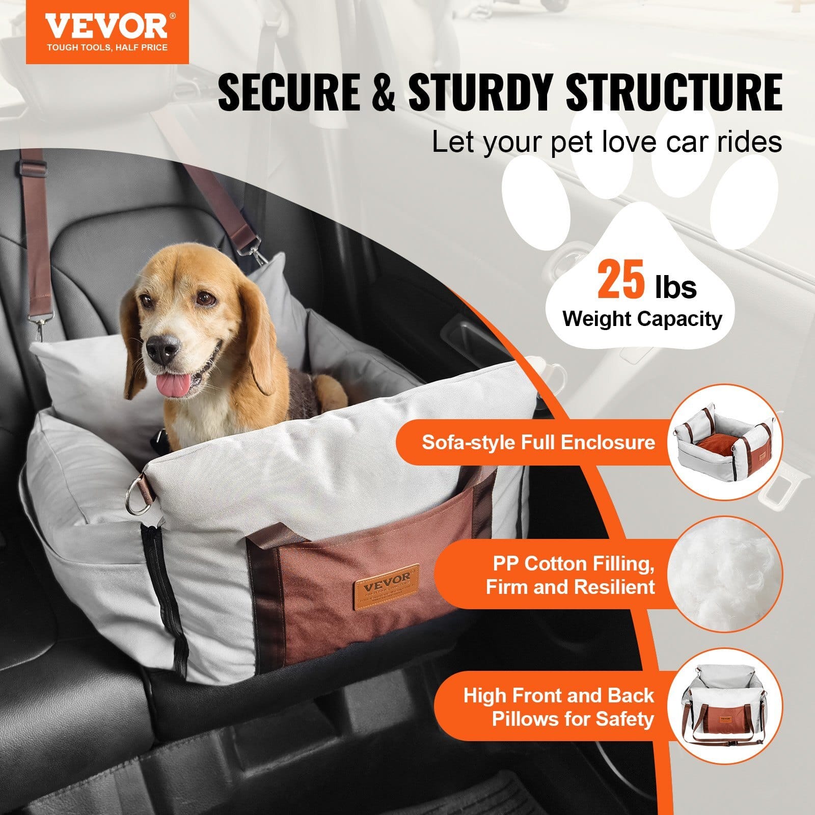 Dog Car Seat, Waterproof Dog Booster Seat for Car with Side Handles and A Storage Pocket, Clip-On Safety Leash and PP Cotton Filling, Dog Car Bed for Small Dog up to 25lbs, Gray