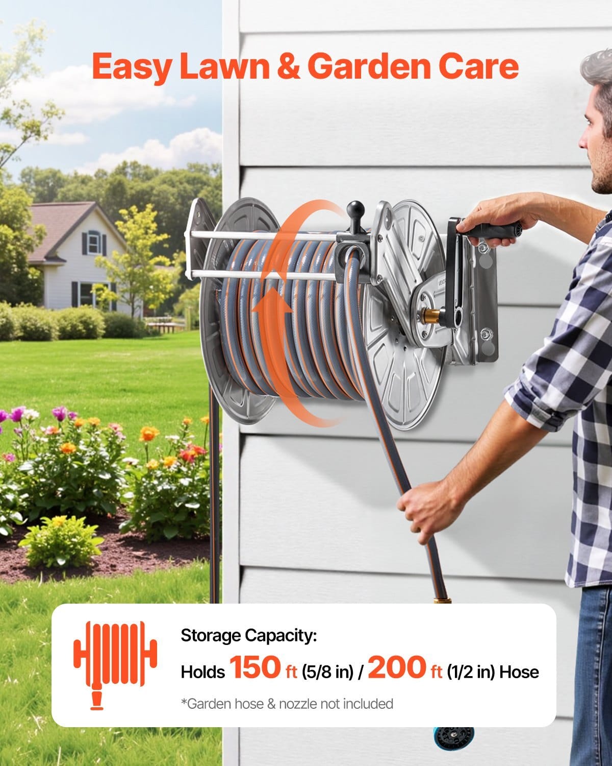 Wall Mounted Garden Hose Reel, Holds 150 ft 5/8-inch Water Hose Winder, Heavy-Duty Stainless Steel, Outdoor Manual Reel with Brass Fitting & Hose Guide, Space Saving, for Yard Lawn Garage