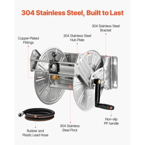 Wall Mounted Garden Hose Reel, Holds 150 ft 5/8-inch Water Hose Winder, Heavy-Duty Stainless Steel, Outdoor Manual Reel with Brass Fitting & Hose Guide, Space Saving, for Yard Lawn Garage