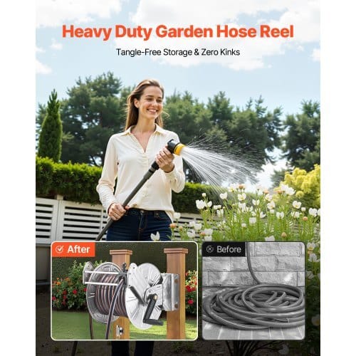 Wall Mounted Garden Hose Reel, Holds 150 ft 5/8-inch Water Hose Winder, Heavy-Duty Stainless Steel, Outdoor Manual Reel with Brass Fitting & Hose Guide, Space Saving, for Yard Lawn Garage
