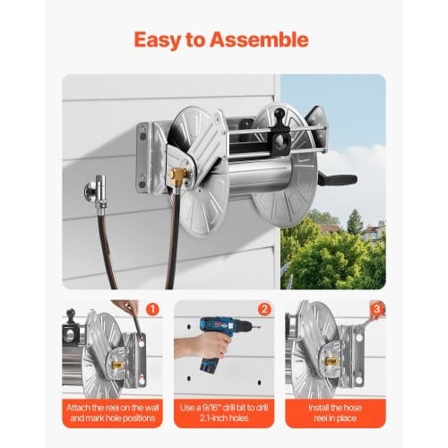 Wall Mounted Garden Hose Reel, Holds 150 ft 5/8-inch Water Hose Winder, Heavy-Duty Stainless Steel, Outdoor Manual Reel with Brass Fitting & Hose Guide, Space Saving, for Yard Lawn Garage