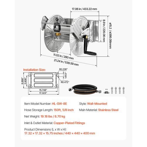 Wall Mounted Garden Hose Reel, Holds 150 ft 5/8-inch Water Hose Winder, Heavy-Duty Stainless Steel, Outdoor Manual Reel with Brass Fitting & Hose Guide, Space Saving, for Yard Lawn Garage