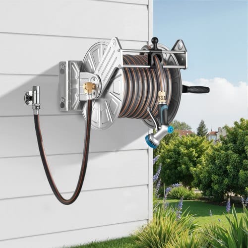 Wall Mounted Garden Hose Reel, Holds 150 ft 5/8-inch Water Hose Winder, Heavy-Duty Stainless Steel, Outdoor Manual Reel with Brass Fitting & Hose Guide, Space Saving, for Yard Lawn Garage
