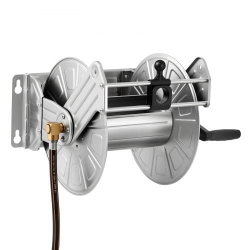 Wall Mounted Garden Hose Reel, Holds 150 ft 5/8-inch Water Hose Winder, Heavy-Duty Stainless Steel, Outdoor Manual Reel with Brass Fitting & Hose Guide, Space Saving, for Yard Lawn Garage