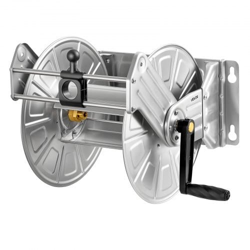 Wall Mounted Garden Hose Reel, Holds 150 ft 5/8-inch Water Hose Winder, Heavy-Duty Stainless Steel, Outdoor Manual Reel with Brass Fitting & Hose Guide, Space Saving, for Yard Lawn Garage