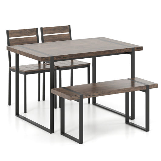 4-Piece Dining Table Set for 4 with 1 Bench and 2 Chairs-Gray - Color: Black & Gray