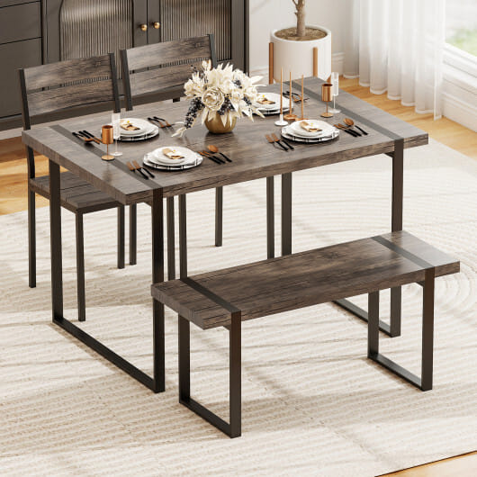 4-Piece Dining Table Set for 4 with 1 Bench and 2 Chairs-Gray - Color: Black & Gray