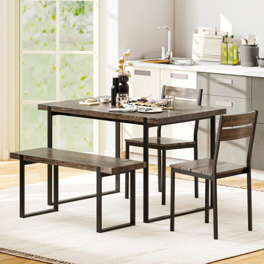 4-Piece Dining Table Set for 4 with 1 Bench and 2 Chairs-Gray - Color: Black & Gray