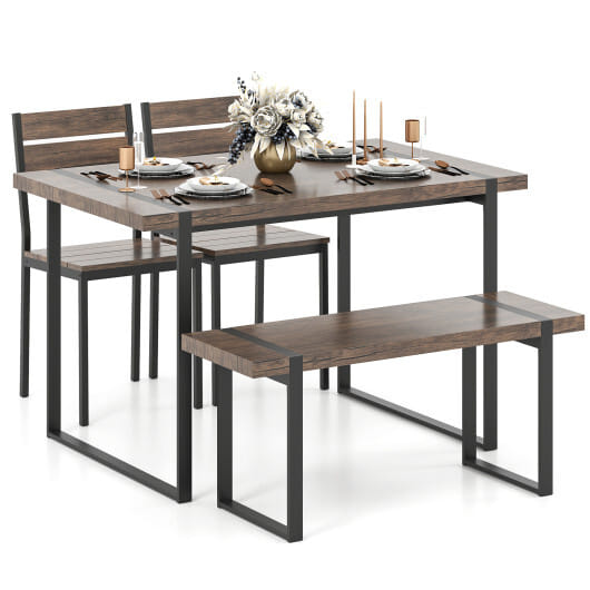 4-Piece Dining Table Set for 4 with 1 Bench and 2 Chairs-Gray - Color: Black & Gray