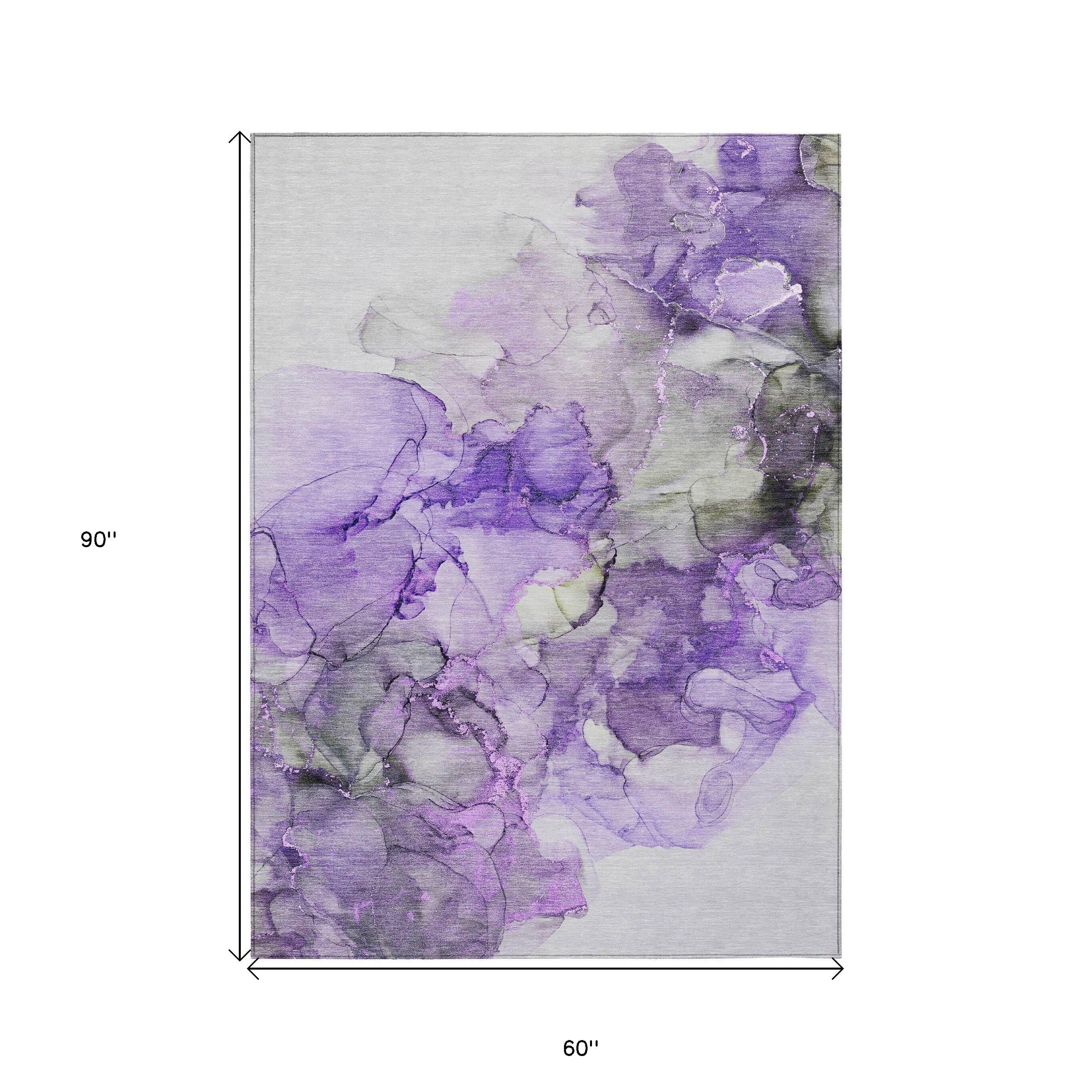 5' X 8' Purple Abstract Washable Non Skid Indoor Outdoor Area Rug