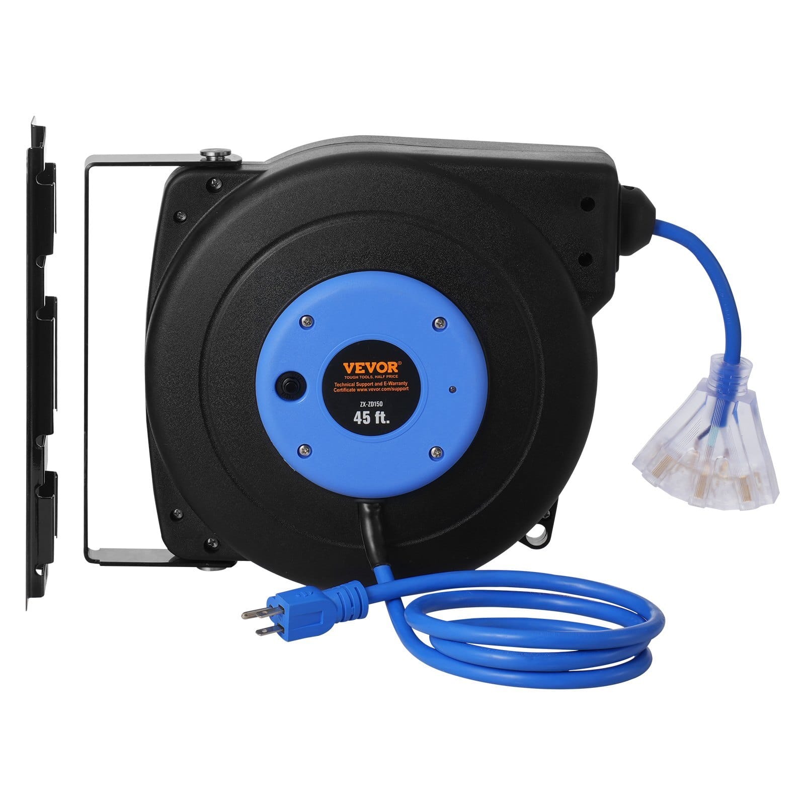 Retractable Extension Cord Reel, 45 FT, Heavy Duty 12AWG/3C SJTOW Retractable Power Cord with Lighted Triple Tap Outlet, 15 Amp Circuit Breaker 180?° Swivel Bracket for Ceiling or Wall Mount