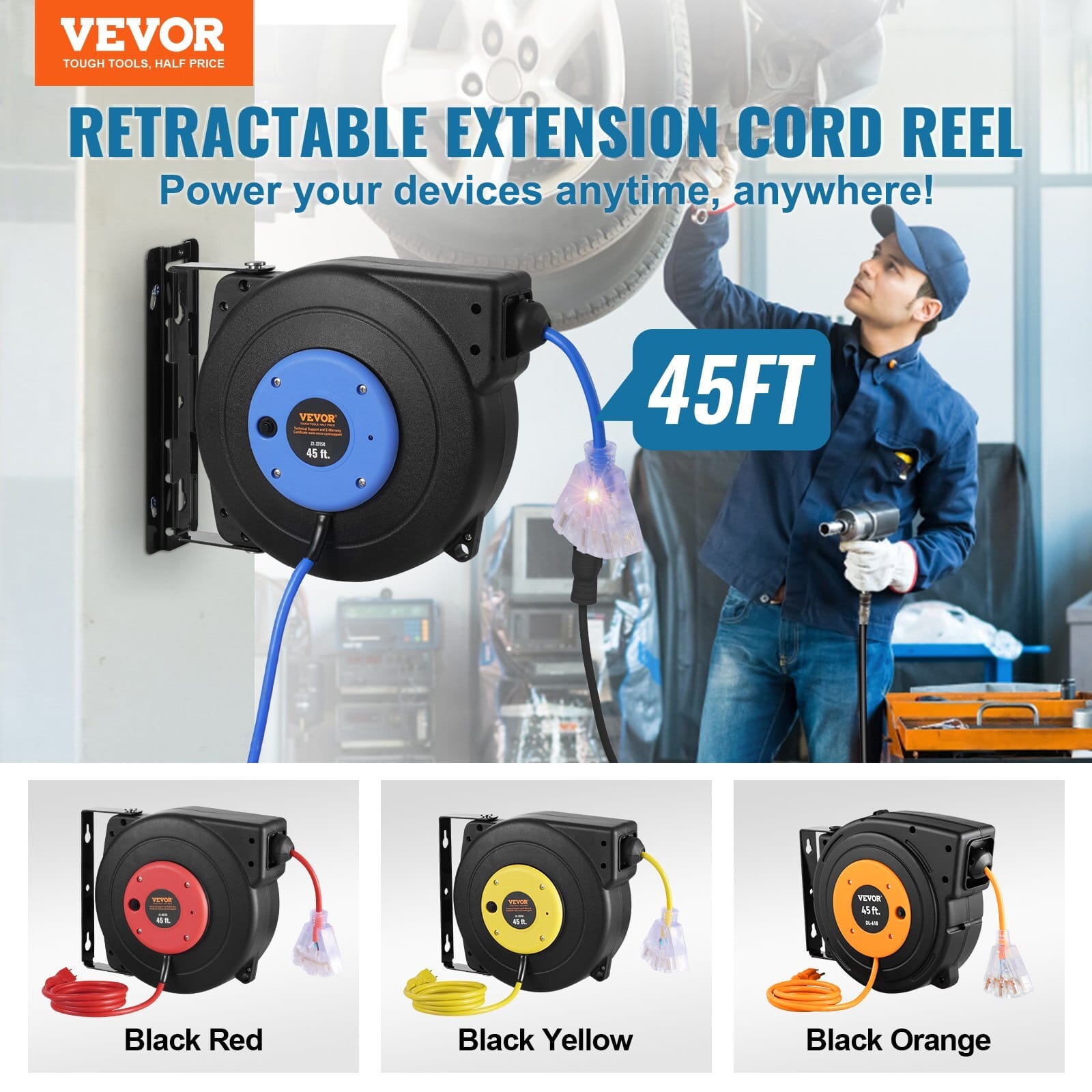 Retractable Extension Cord Reel, 45 FT, Heavy Duty 12AWG/3C SJTOW Retractable Power Cord with Lighted Triple Tap Outlet, 15 Amp Circuit Breaker 180?° Swivel Bracket for Ceiling or Wall Mount