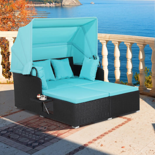 Patio Rattan Daybed with Retractable Canopy and Side Tables-Turquoise - Color: Turquoise