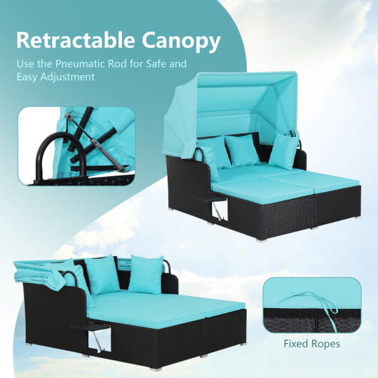 Patio Rattan Daybed with Retractable Canopy and Side Tables-Turquoise - Color: Turquoise