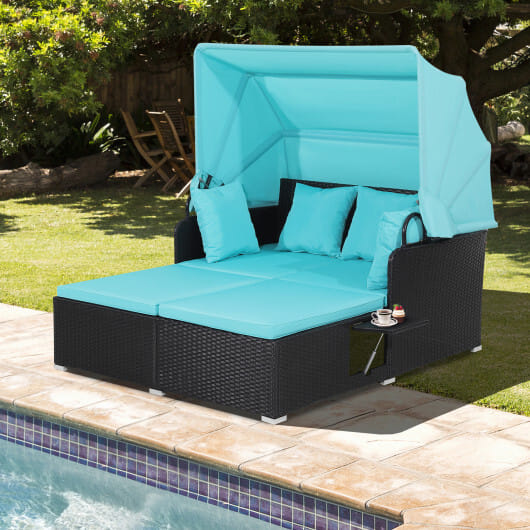 Patio Rattan Daybed with Retractable Canopy and Side Tables-Turquoise - Color: Turquoise