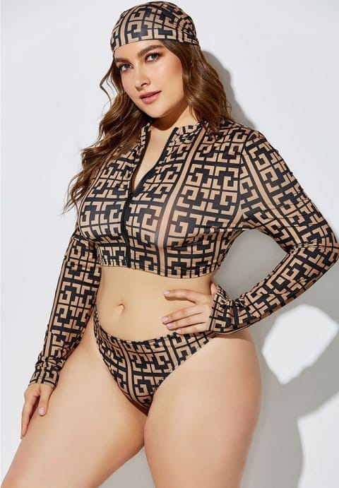 Women's Plus-Size Three-Piece Swimsuit High Waist Print Split Long Sleeve Swimwear