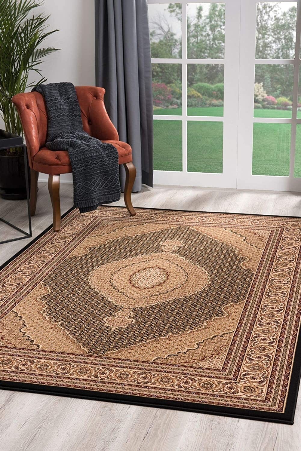 8' Runner Beige and Black Medallion Power Loom Runner Rug