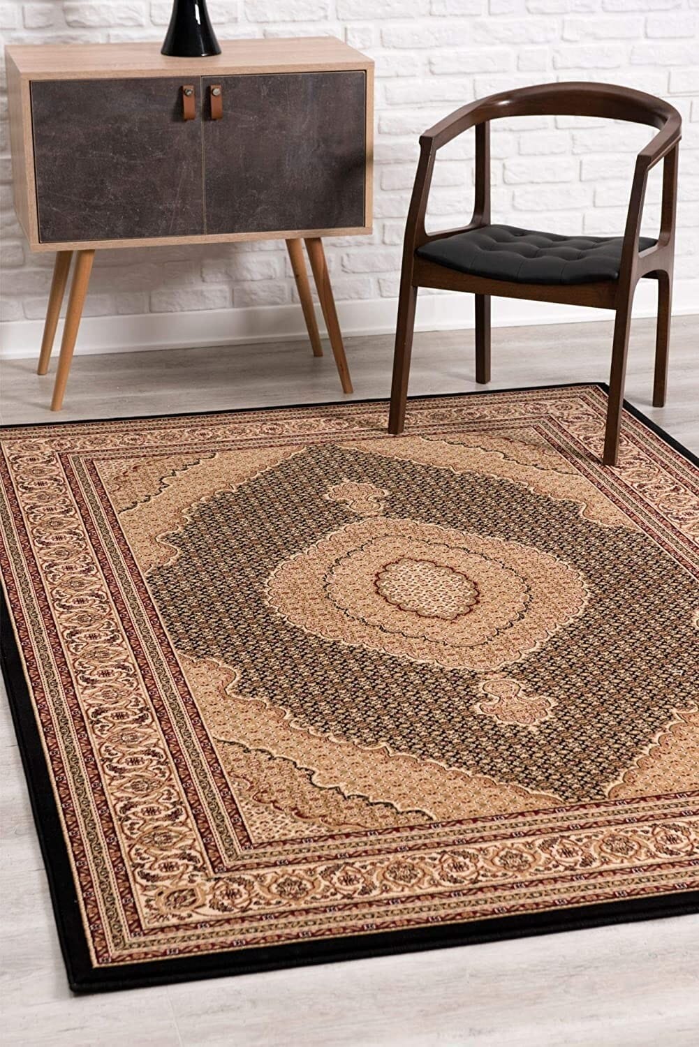 8' Runner Beige and Black Medallion Power Loom Runner Rug