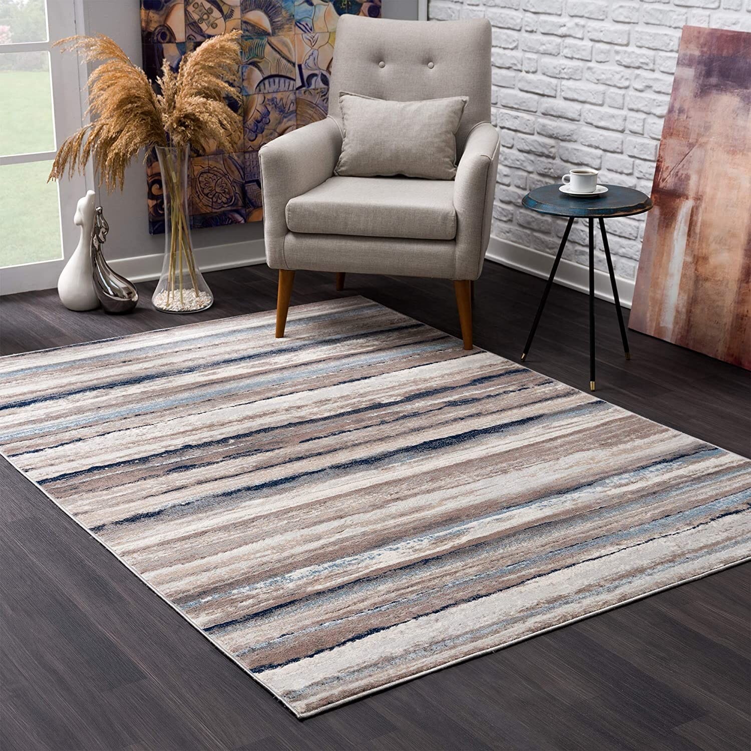 2' X 6' Blue And Beige Distressed Stripes Area Rug