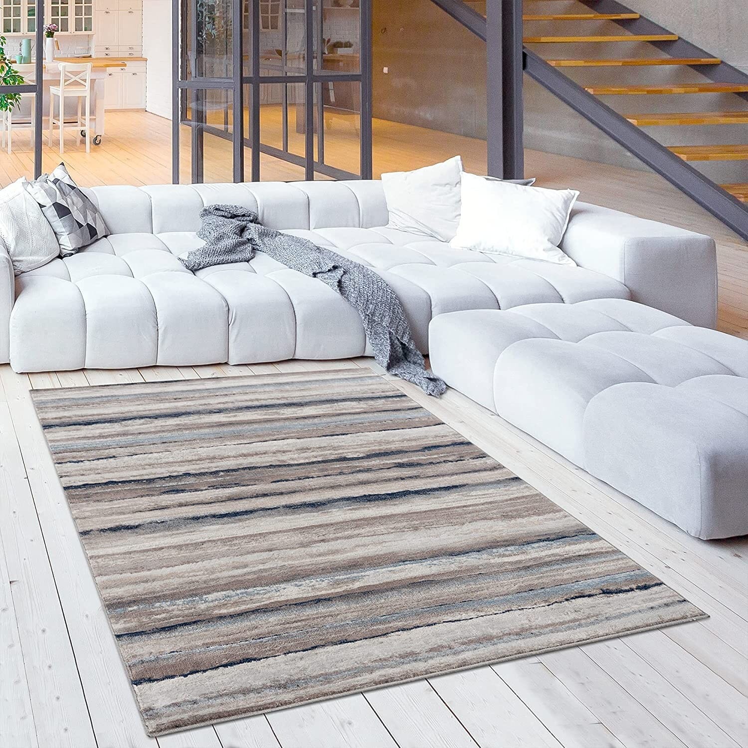 2' X 6' Blue And Beige Distressed Stripes Area Rug