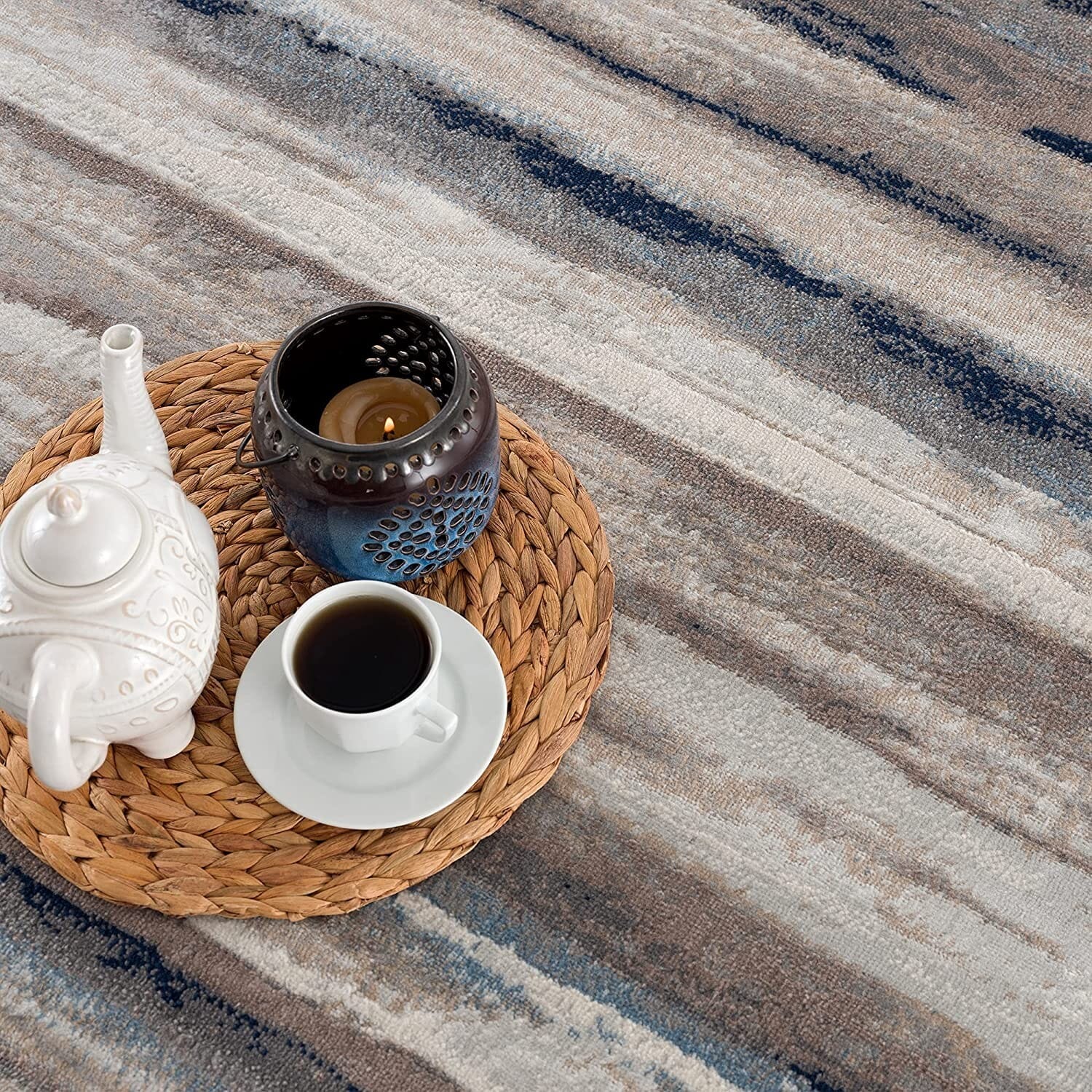 2' X 6' Blue And Beige Distressed Stripes Area Rug