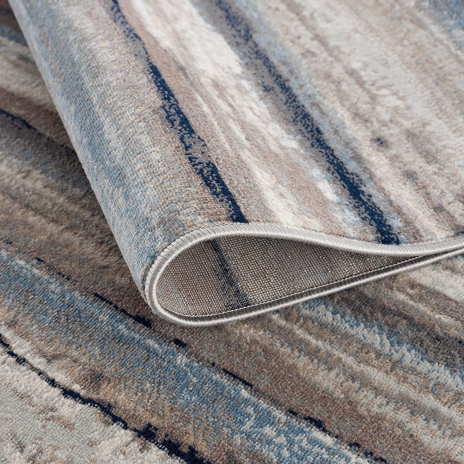 2' X 6' Blue And Beige Distressed Stripes Area Rug