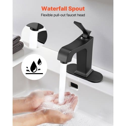 Single Handle Sink Faucet, Matte Black Finish Faucet Kitchen Sink, Kitchen Water Faucets with Push-Button Drain, Suitable for Bathroom, RV, Bar Sink, Public Restroom, Waterfall-Style Spout