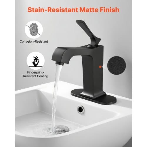 Single Handle Sink Faucet, Matte Black Finish Faucet Kitchen Sink, Kitchen Water Faucets with Push-Button Drain, Suitable for Bathroom, RV, Bar Sink, Public Restroom, Waterfall-Style Spout
