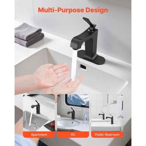 Single Handle Sink Faucet, Matte Black Finish Faucet Kitchen Sink, Kitchen Water Faucets with Push-Button Drain, Suitable for Bathroom, RV, Bar Sink, Public Restroom, Waterfall-Style Spout