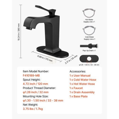 Single Handle Sink Faucet, Matte Black Finish Faucet Kitchen Sink, Kitchen Water Faucets with Push-Button Drain, Suitable for Bathroom, RV, Bar Sink, Public Restroom, Waterfall-Style Spout