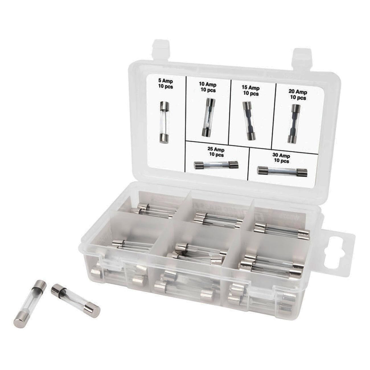Performance Tool Assorted AGC Glass Fuse Assortment (5A to 30A) in a Clear Plastic Case (60 Pieces)