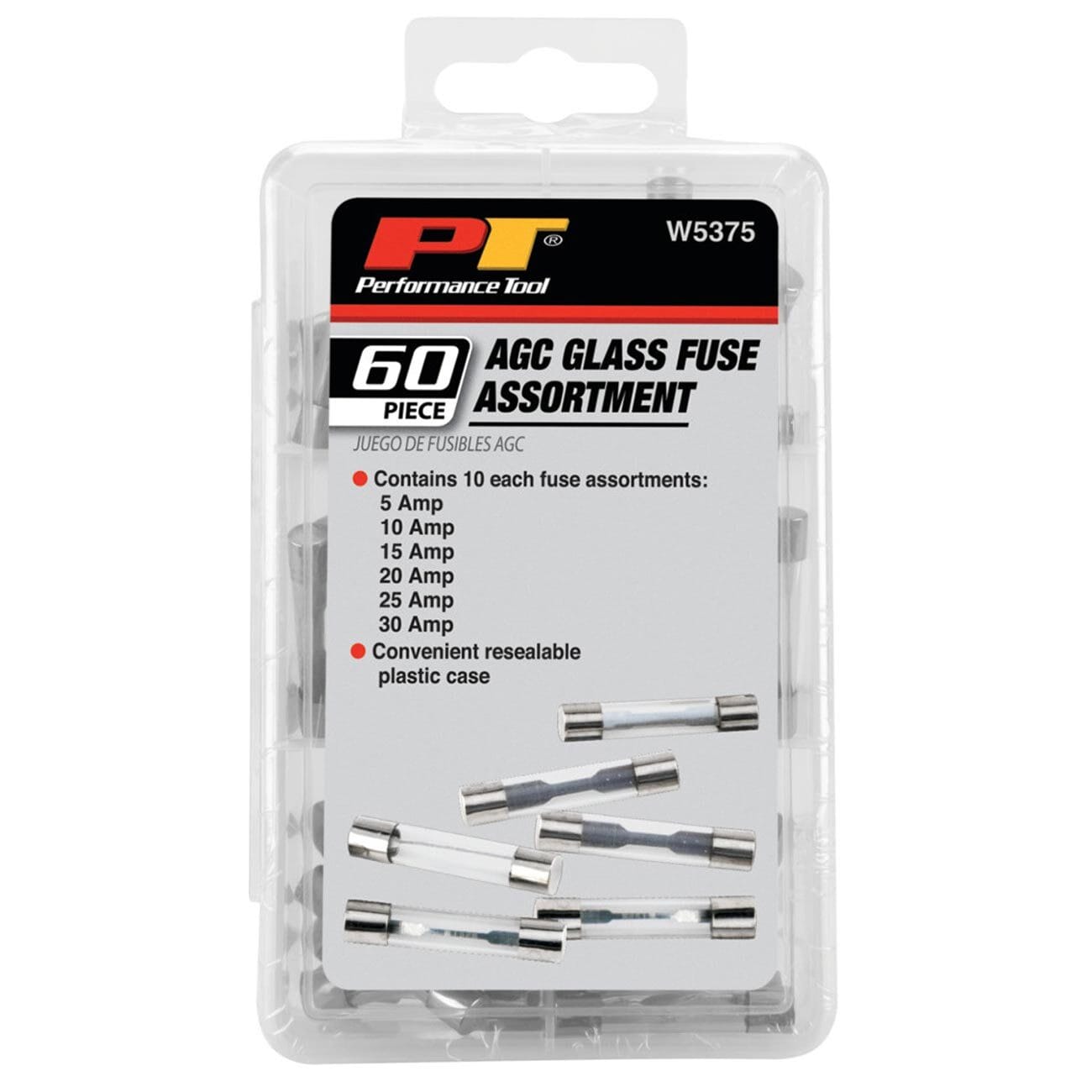 Performance Tool Assorted AGC Glass Fuse Assortment (5A to 30A) in a Clear Plastic Case (60 Pieces)