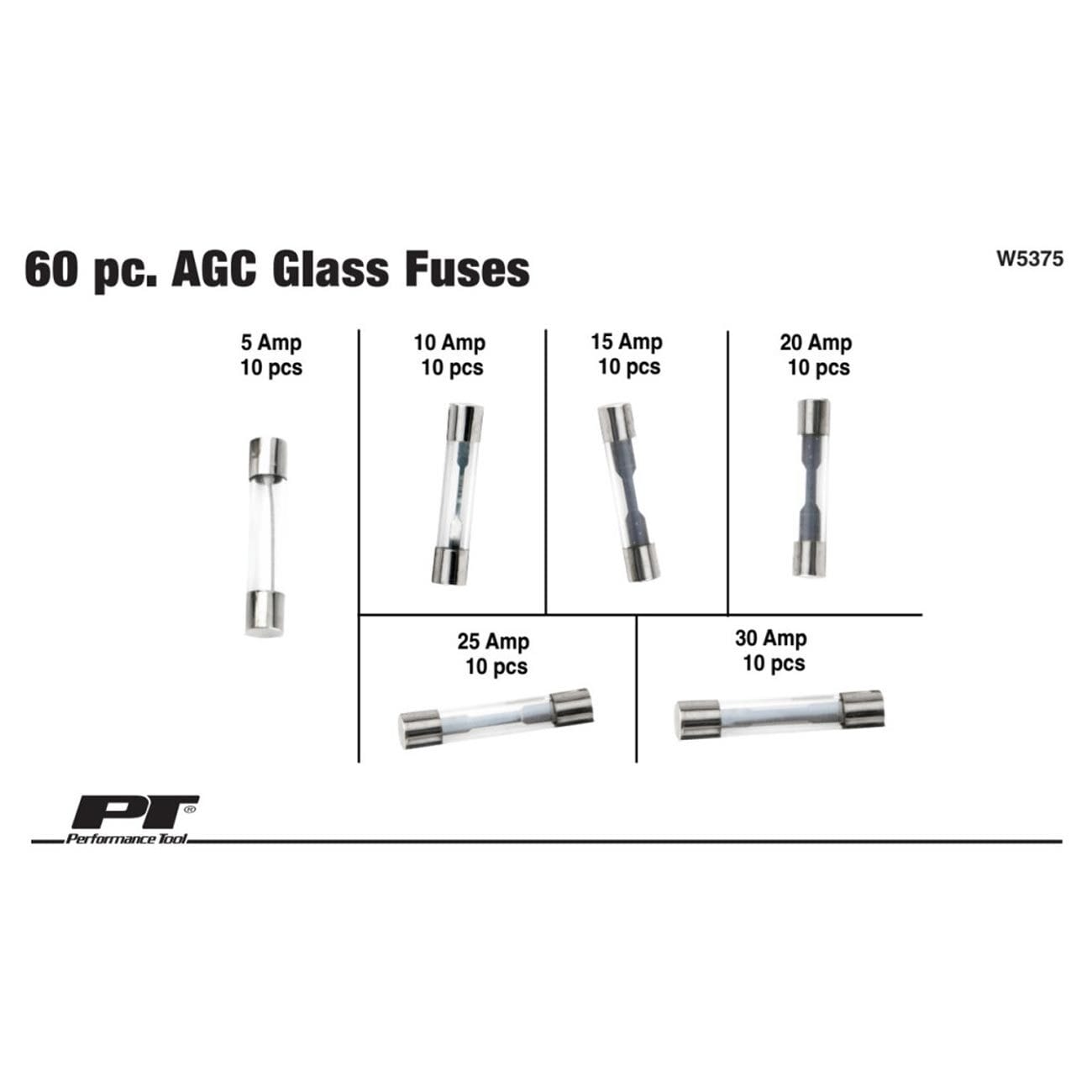 Performance Tool Assorted AGC Glass Fuse Assortment (5A to 30A) in a Clear Plastic Case (60 Pieces)