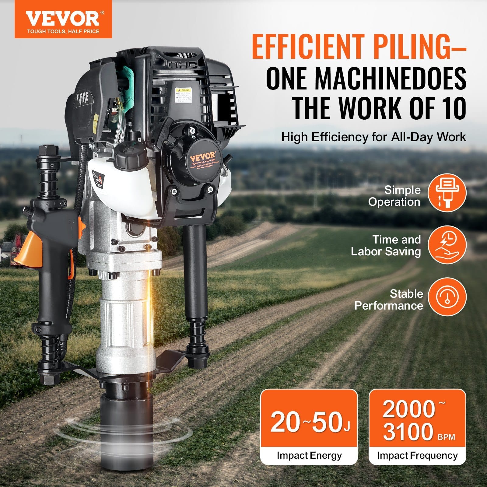 37.77cc Gas-Powered T Post Driver, 4-Stroke Engine Gasoline Fence Piling Pounder, with 2 Post Driving Head(55/70 mm) , 1000W Portable Piledriver For Farm, Ranch Fencing, Road Improvements