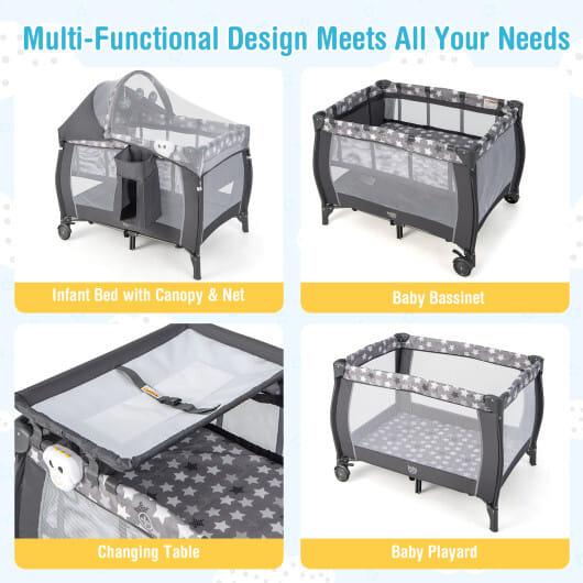 Portable Baby Nursery Center 4-in-1 Portable Travel Crib-Gray - Color: Gray