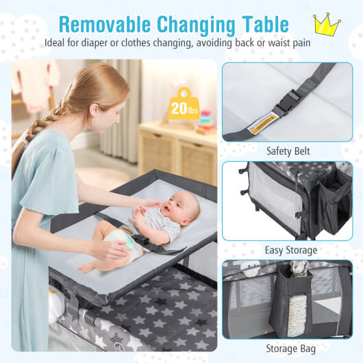 Portable Baby Nursery Center 4-in-1 Portable Travel Crib-Gray - Color: Gray