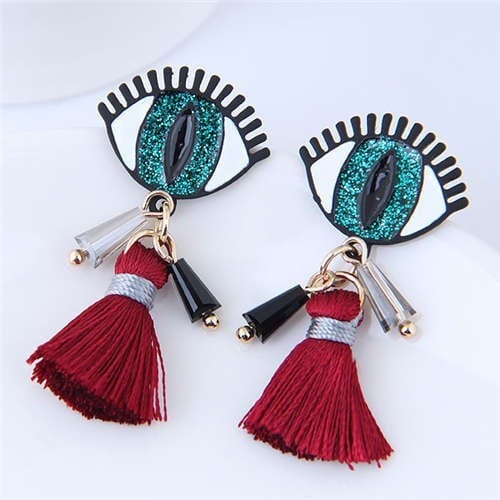 Horrible Eye Design Cotton Threads Tassel Enamel Women Fashion Earrings - Green